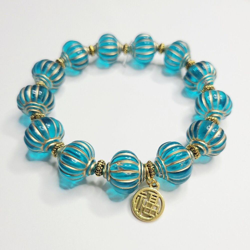 NWT Chinese Lantern Stretch Bracelet Translucent Teal Artisan Blue GreenG old